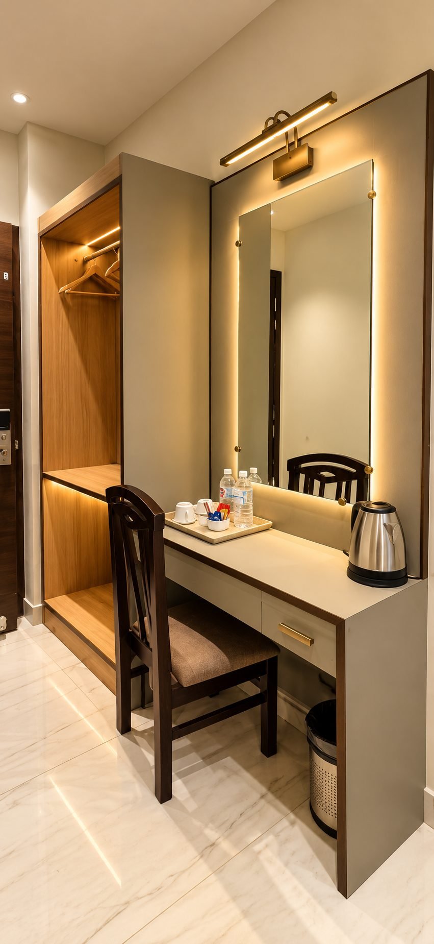 Deluxe room dressing area with a lit mirror, open wardrobe and tea tray