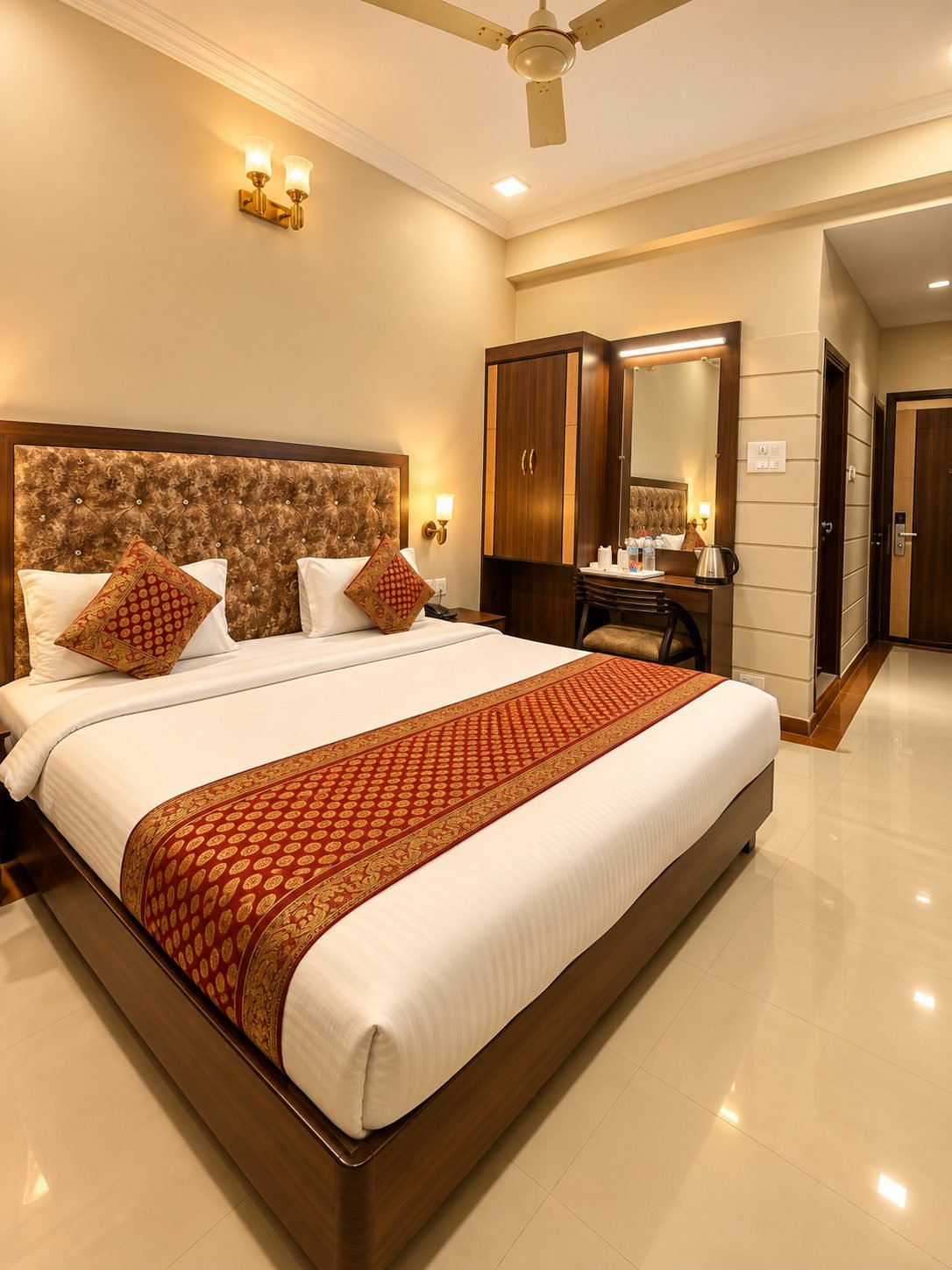 Deluxe room with a double bed, red and gold bed runner, wardrobe and dressing table