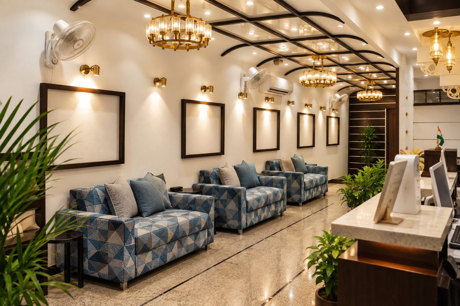 Lobby seating with patterned blue sofas, brass chandeliers and a dark timber ceiling