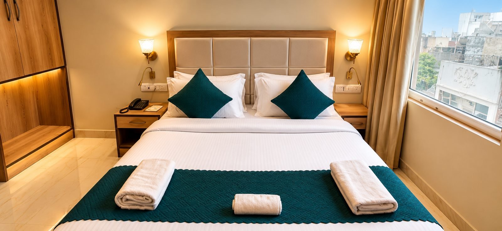Deluxe Suite Room with a double bed, teal bed runner and a window overlooking the city