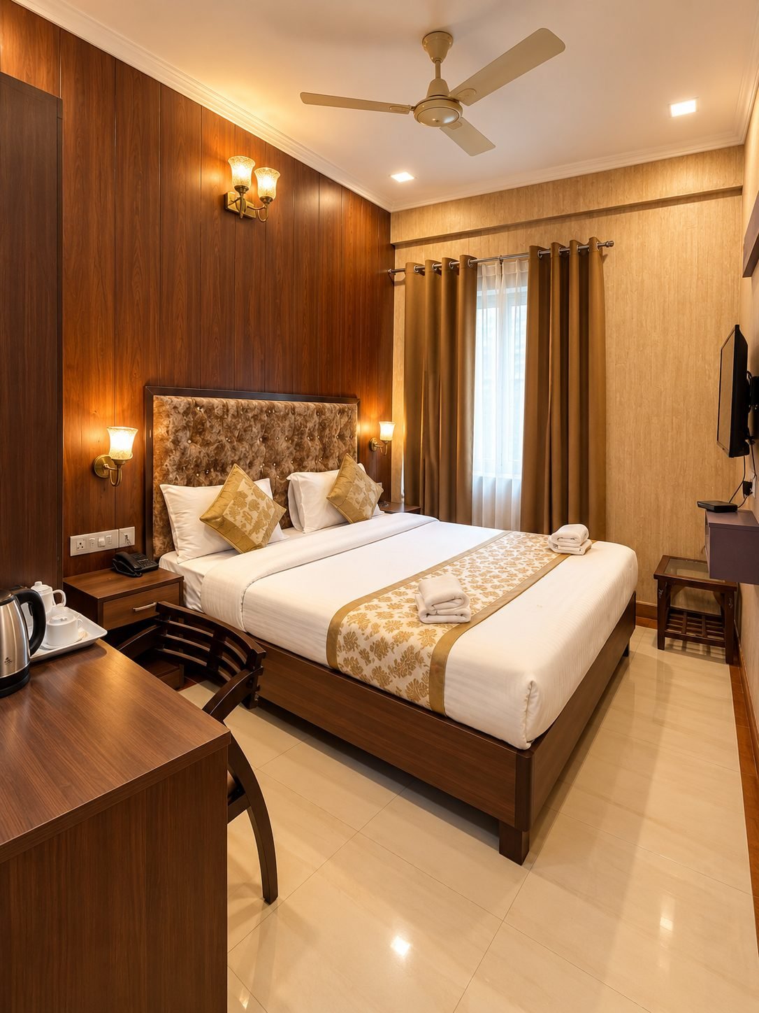 Standard Double Room with a double bed, wood-panelled wall and brass wall lights